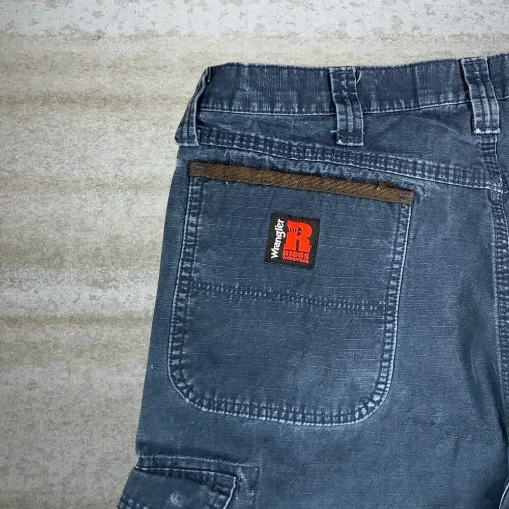 Vintage 90s Wrangler Riggs Carpenter Pants 36x32 Baggy Navy Blue Double Knees